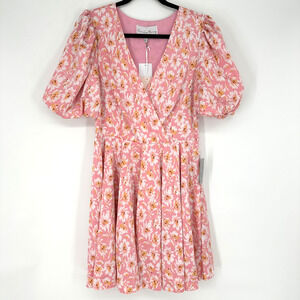 Charles Henry Pink Daisy Floral Faux Wrap Puff Sleeve Mini Dress Womens XS
